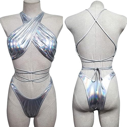 JUMISEE Women's Neon Hologram Strappy Bikini for Rave Party