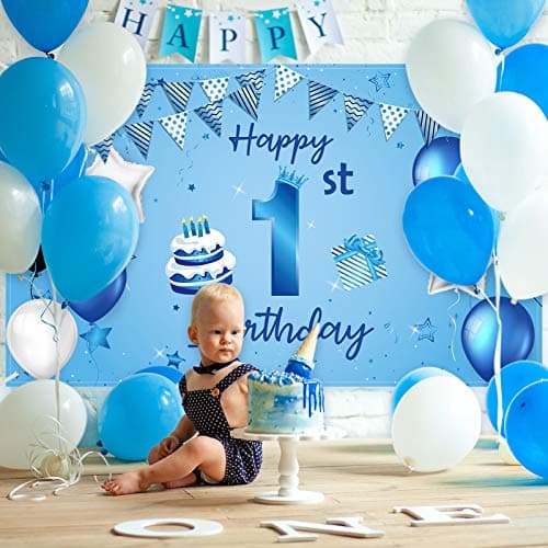 Blue Happy 1st Birthday Backdrop Banner