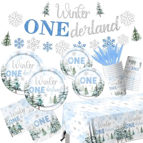 HAKOTI Winter Wonderland 1st Birthday Boy Tableware - 142 Pcs Blue Snowflake Plates & Napkins
