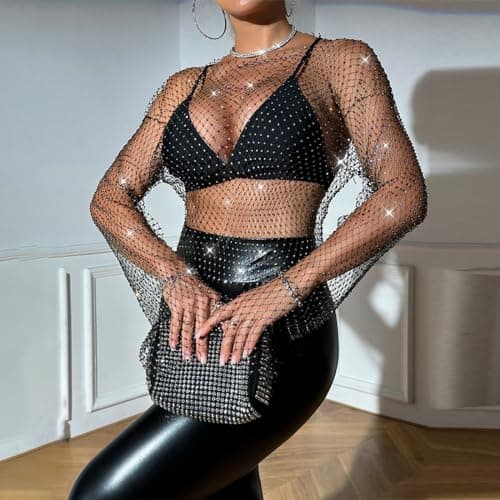 Sparkle Rhinestone Mesh Crop Top with Long Sleeve for Women
