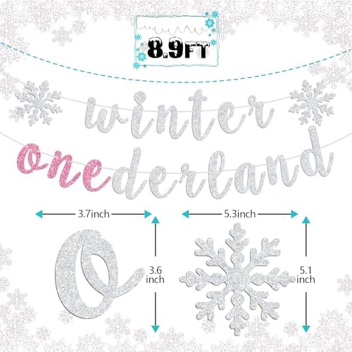 Ferburitar Snowflake Winter 1st Birthday Banner, Silver & Pink Glitter