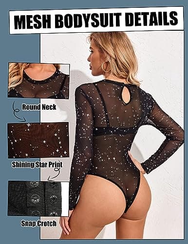 Women's Mesh Long Sleeve Bodysuit with Snap Crotch