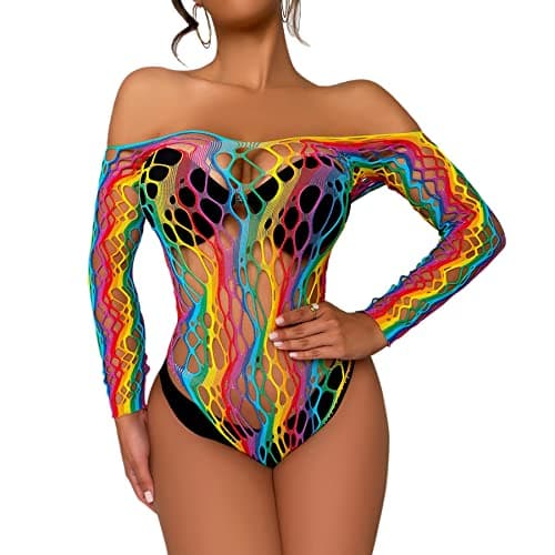 MINGSEECESS Women's Rainbow Striped See-Through Bodysuit Bikini Cover-Up