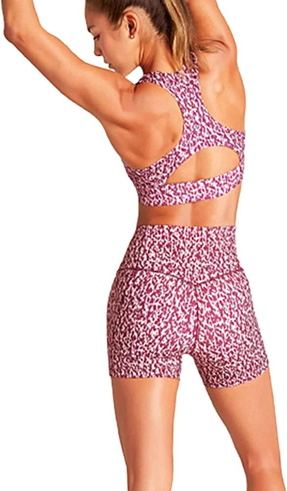 Women Seamless Yoga Outfits 2 Piece Workout Set Racerback Crop Top Leopard Sprots Bra High Waisted Shorts Pants Stretch Tummy Control Yoga Shorts Fitness Athletic Running Gym Clothes Activewear Leopard Purple L