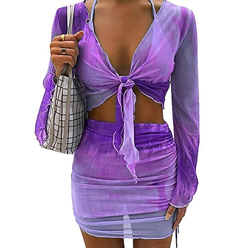 SHESEEWORLD Women's Sexy Long Sleeve Ruched Crop Top & Sheer Mini Skirt Sets