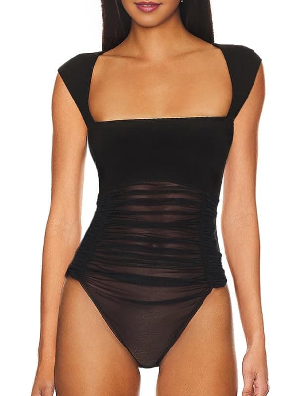 UEOIOW Women's Sheer Mesh Rhinestone Bodysuit Tops