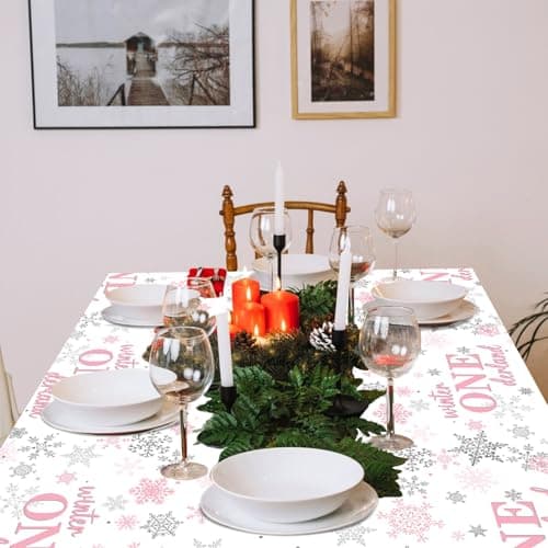 Onederland 3Pcs Winter Pink Silver Snowflake Tablecloth for 1st Birthday Girls