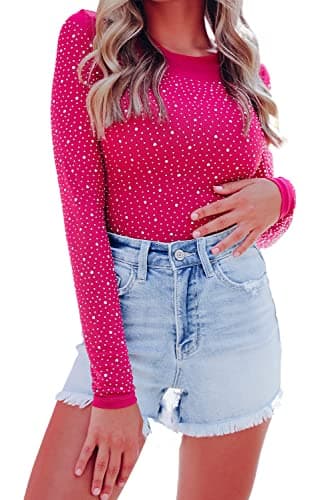 Hotmiss Rhinestone Stud Fishnet Long Sleeve Thong Bodysuit for Women