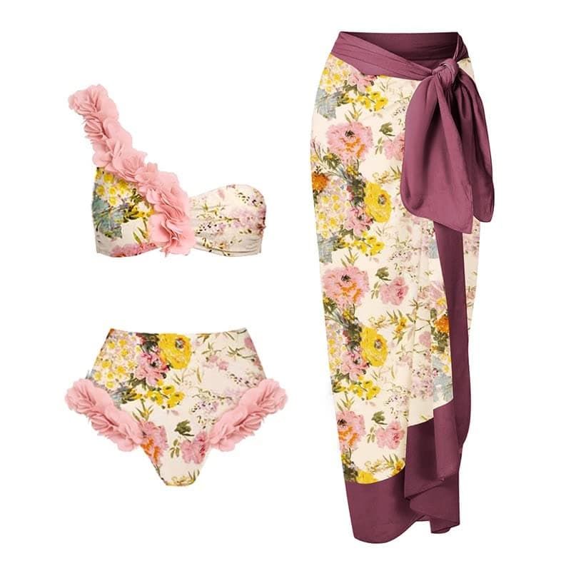 IMEKIS Women's 3-Piece Ruffle Floral Print Vintage Bikini Swimwear for Summer Holiday