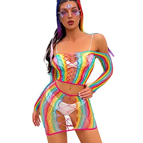 ZGMYC Women Rave Mesh Bikini Cover Ups & Mini Skirt Outfit