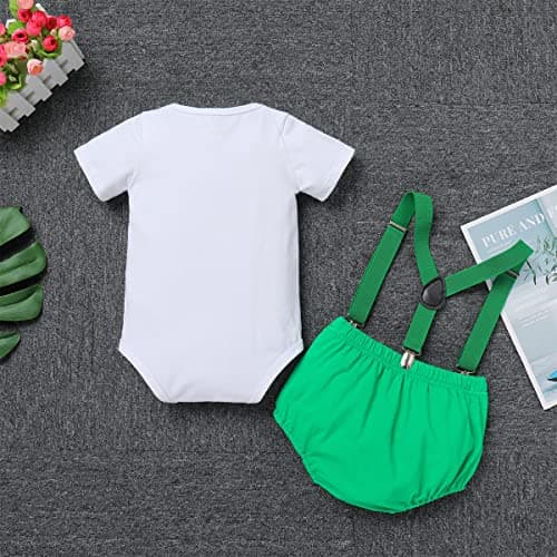 Baby Boy St. Patrick's Day Green Romper with Suspender Shorts and Crown Hat