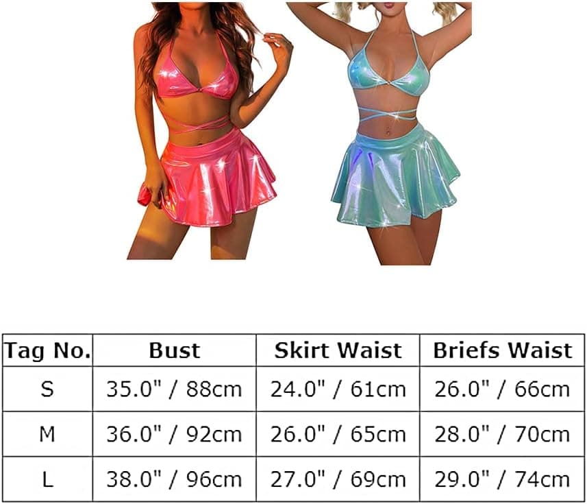 IMEKIS Rave Outfits for Women Festival Clothing Shiny Metallic Bra Swing Mini Skater Skirt Dance Sexy Lingerie Set Bikini Swimsuits Alien Costume Halloween Cowgirl Cosplay Bathing Suits Blue Medium