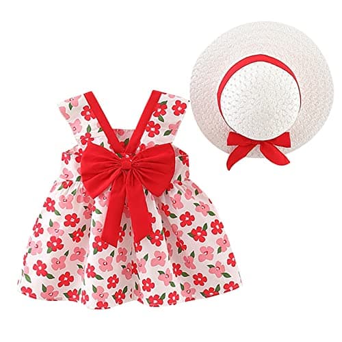 IMEKIS Toddler Girls Hawaiian Rainbow Backless Sundress & Straw Hat