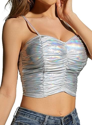Sexy Shiny Metallic Silver Crop Tops for Women at Festivals Rave Halter