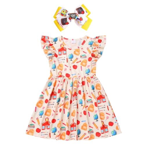 IMEKIS Girls' Back to School Pencil Print Dress with Hair Bow 4-7T