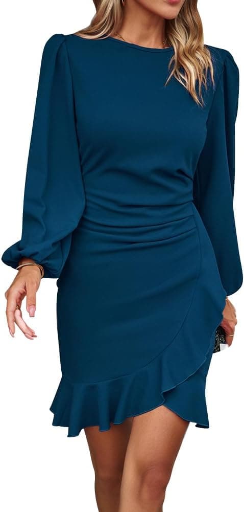 Elegant Long Puff Sleeve Slim Fit Short Dress for Women Crew Neck Ruched Ruffle Hem Bodycon Cocktail Party Dress