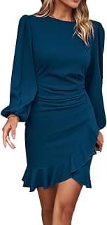 Elegant Long Puff Sleeve Slim Fit Short Dress for Women Crew Neck Ruched Ruffle Hem Bodycon Cocktail Party Dress