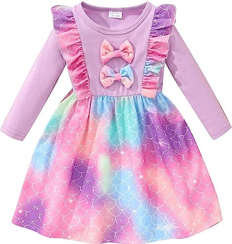 Retsugo Girls' Long Sleeve A-line Print Dress with Bowknot