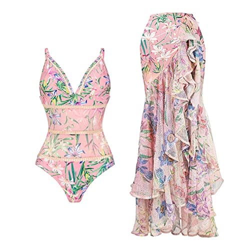 Women's One Piece Swimsuit with Floral Sarong Cover Up and Tummy Control