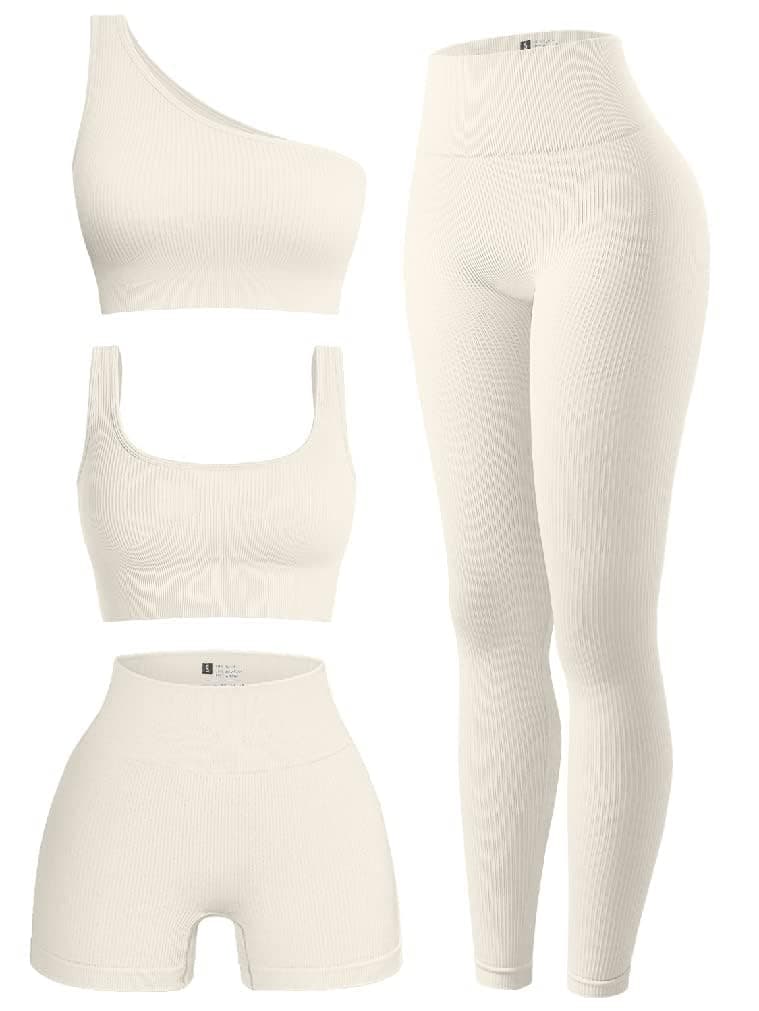 OQQ Women's Sports Active Set: Scoop Neck Bra, One Shoulder Top, High Waist Shorts, Ribbed Leggings