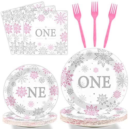 ZOIIWA Winter Onederland Snowflake Birthday Party Supplies for Baby Girls - 24 Guests