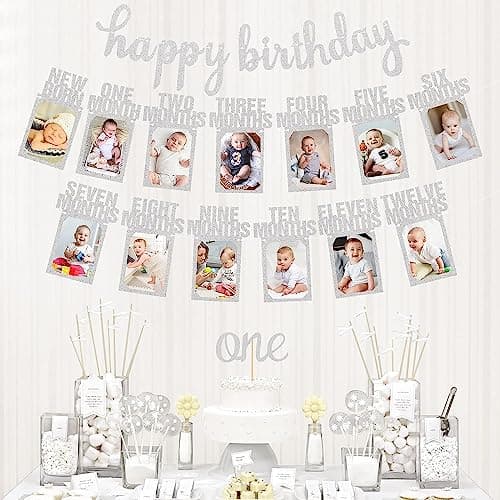 Paready First Birthday Photo Banner, Happy Birthday Decor for Boy or Girl (Silver)