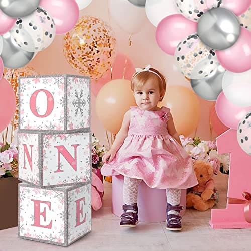 Winter Onederland 1st Birthday Decorations Pink Balloon Boxes Latex Confetti Party Supplies