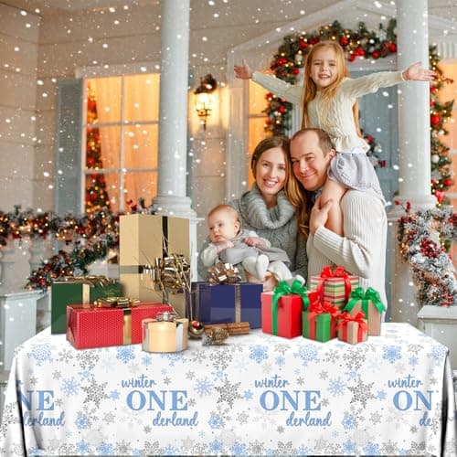 Winter Onederland Blue Silver Snowflake Tablecloth for 1st Birthday Boy's Party Decorations