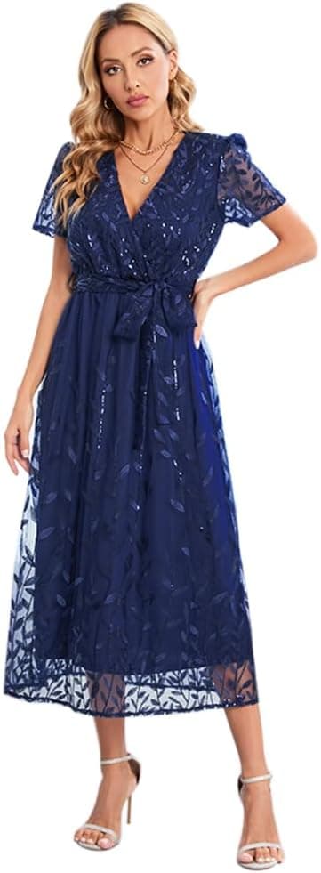Sparkly V Neck Cocktail Wedding Guest Long Dress Mesh Short Sleeve Floral Embroidered Sequins Maxi Dress