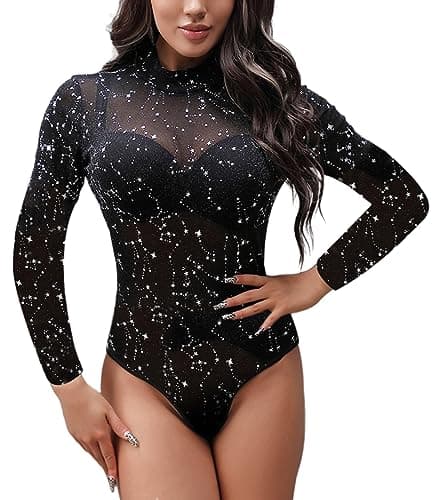 Sexy Rhinestone Studded Sheer Mesh Bodysuit for Women