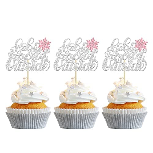 Gyufise 24 Pack Blue Silver Glitter Snowflake Cupcake Toppers for Winter Birthday