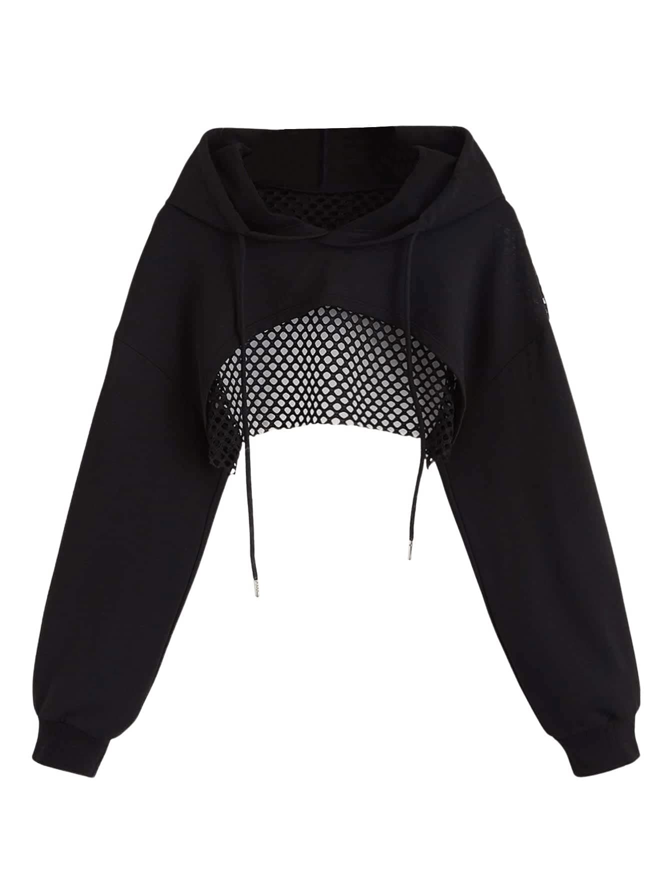 Women's Fishnet Drawstring Hoodie Sweatshirt