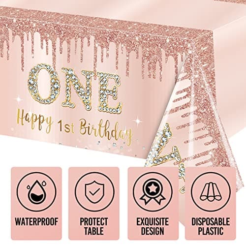 Excelloon 3 Pack Pink Rose Gold 1st Birthday Tablecloth Decorations
