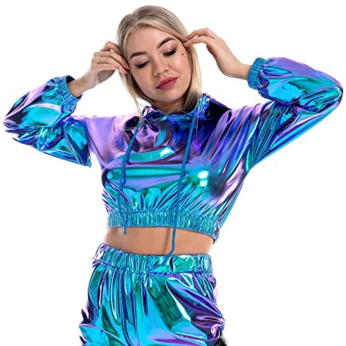 Metallic Cropped Hoodie Sweatshirt for Women