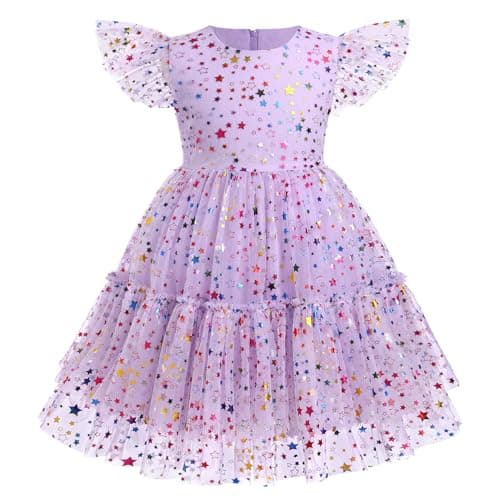 ODOLDI Shiny Rainbow Stars Sequin Dress for Girls Toddler Birthday Party