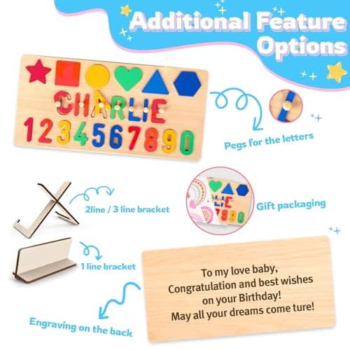 Personalized Wooden Name Puzzle for Toddlers 1-3, Shape & Number Puzzle, Montessori Baby Toys