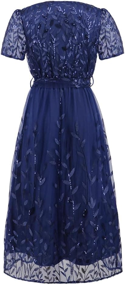 Sparkly V Neck Cocktail Wedding Guest Long Dress Mesh Short Sleeve Floral Embroidered Sequins Maxi Dress