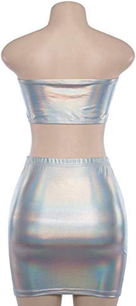 Women's Metallic Shiny Off Shoulder Crop Top + Silver Skirt Two Piece Rave Outfits Set