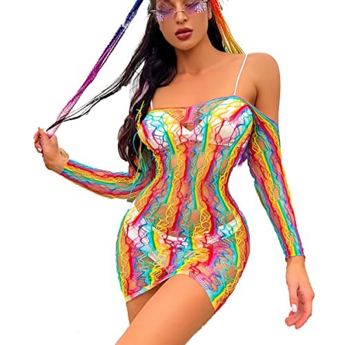 Rainbow Rave Outfit Fishnet Dress - Women's Music Festival Costume