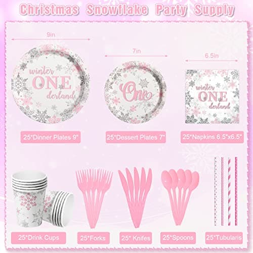 Jectivs Winter Onederland Pink & Silver Snowflake Plates & Napkins Set for 1st BirthdayParty Decor Serve 25