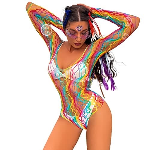 Rainbow Rave Outfit Fishnet Dress - Women's Music Festival Costume