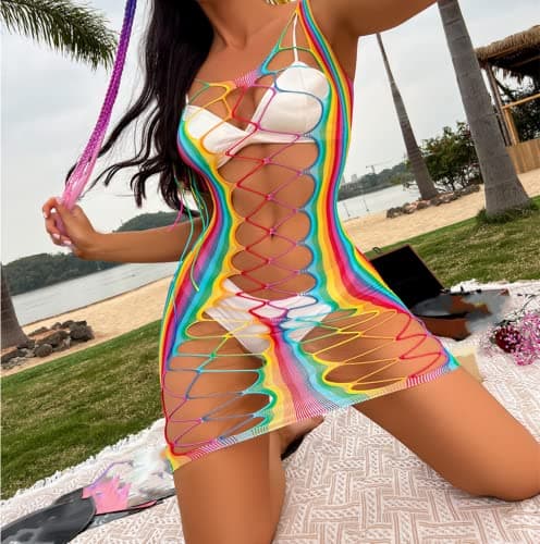 MINGSEECESS Women's Rainbow Striped See-Through Bodysuit Bikini Cover-Up