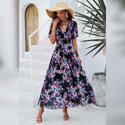 Women's V-Neck Maxi Dress with Floral Print