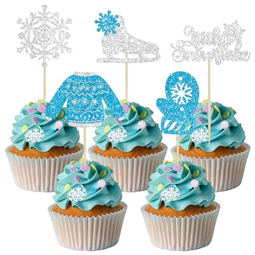 Gyufise 24 Pack Blue Silver Glitter Snowflake Cupcake Toppers for Winter Birthday
