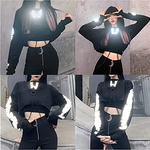 Goth Skeleton Hoodie Crop Top with Iron Chain for Halloween Festival
