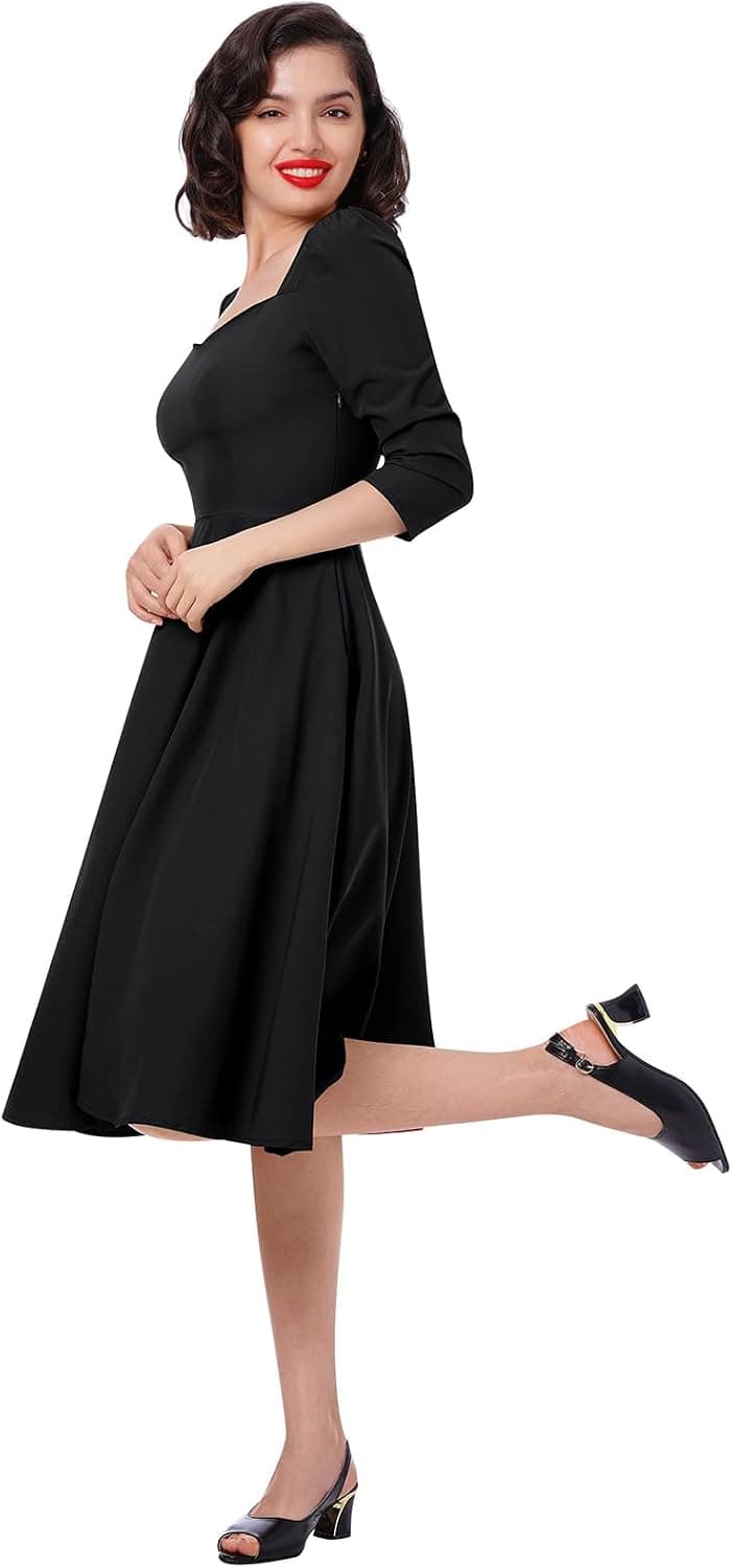 Women Vintage 1950s Retro Cocktail Party Swing Dress Elegant 3/4 Sleeve Sweetheart A Line Wedding Guest Dress