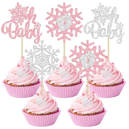 Gyufise 24 Pack Blue Silver Glitter Snowflake Cupcake Toppers for Winter Birthday