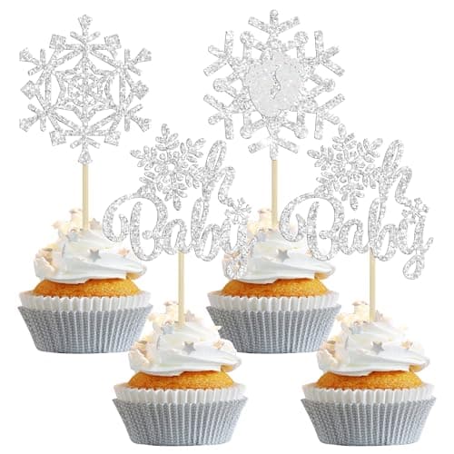 Gyufise 24 Pack Blue Silver Glitter Snowflake Cupcake Toppers for Winter Birthday