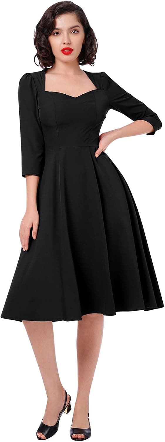 Women Vintage 1950s Retro Cocktail Party Swing Dress Elegant 3/4 Sleeve Sweetheart A Line Wedding Guest Dress