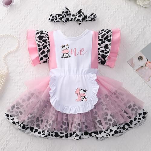 IMEKIS Baby Girl 1st Birthday Dress with Headband and Cow Ruffle Sleeve